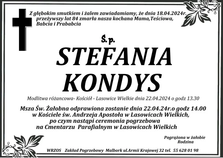 Zmarła Stefania Kondys. Miała 84 lata.
